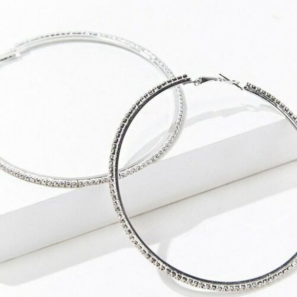 Extra Large Hoop Earrings Silver Rhinestones Large Statement Earrings - Picture 9 of 9